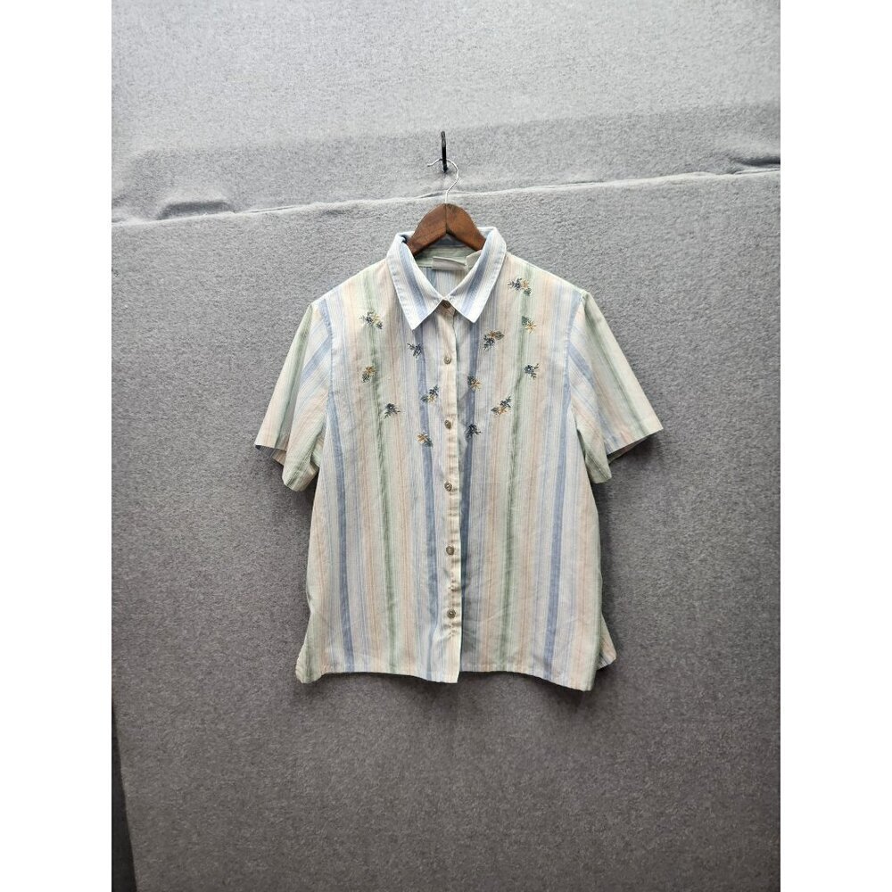 Alfred Dunner Petite 14P Womens Striped Embroidered Button-Up Blouse Short Sleev